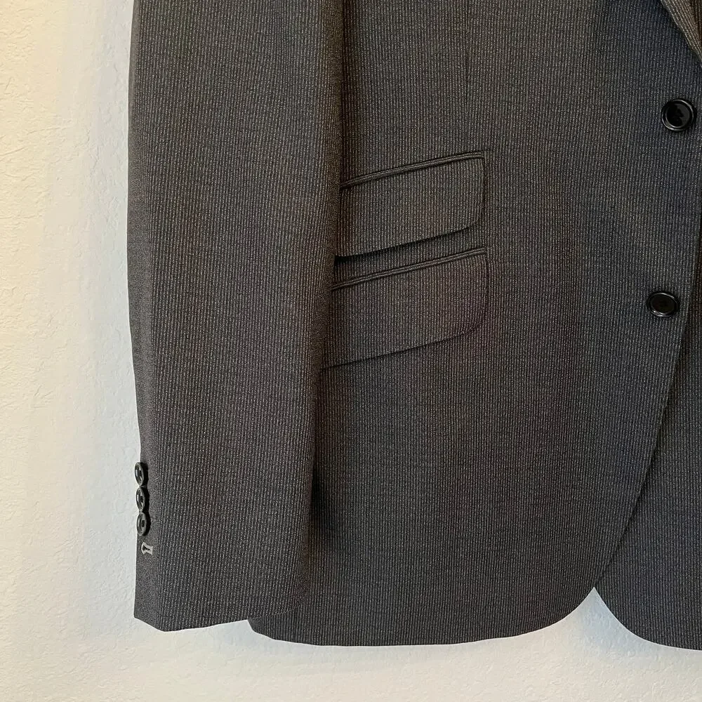 Indochino Mens Blazer‎ Bespoke 43L Wool Stretch Charcoal Pinstripe Surgeon Cuffs